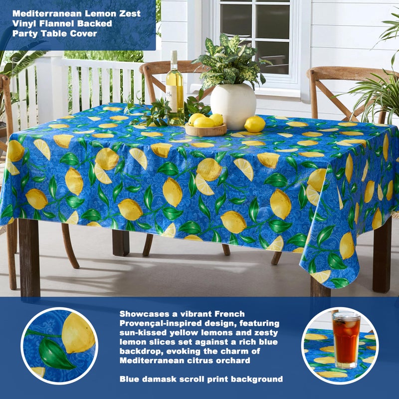 Newbridge Square Vinyl Tablecloth, 52 x 52 Inch, Mediterranean Zest Vinyl Flannel Backed Table Cloth, Lemon Print - Image 2
